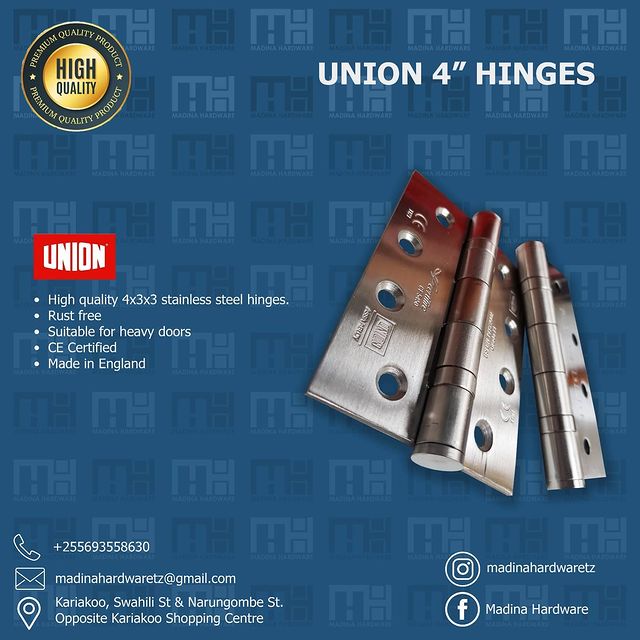 Takeer - UNION 4" BUTT HINGES
AVAILABLE WHOLESALE AND RETAIL

Kindly contact for prices
Get quality products at affordable prices only at Madina Hardware.
F...