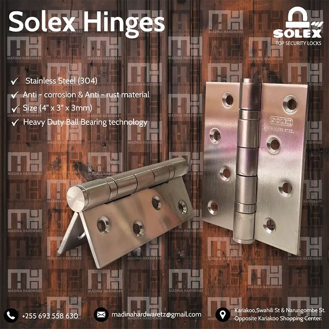 Takeer - SOLEX 4" STAINLESS STEEL HINGES
Made in Thailand 🇹🇭

Available Wholesale & Retail
 
Kindly feel free to contact us regarding any other items that...