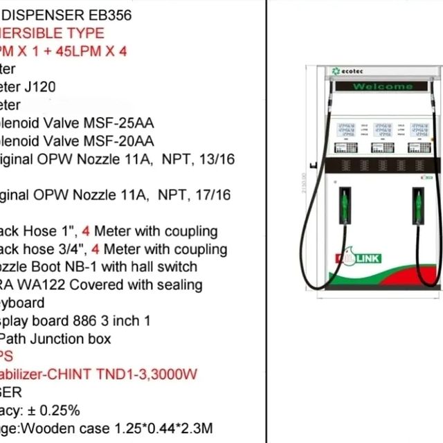 Takeer - Fuel Dispenser - Submersible Type 

New  Idea -  5  Nozzles 

Flow Rate : 

127 Lpm -  1 Nozzle 

45  Lpm -  4  Nozzles 

 