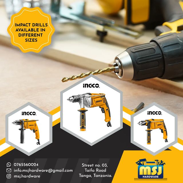 Takeer - INGCO IMPACT DRILL SIZE ZOTE ZINAPATIKANA
MSJ HARDWARE - VIFAA BORA, BEI CHINI. 
.
.
.
.
.
.
.
.
.
.
.
                             