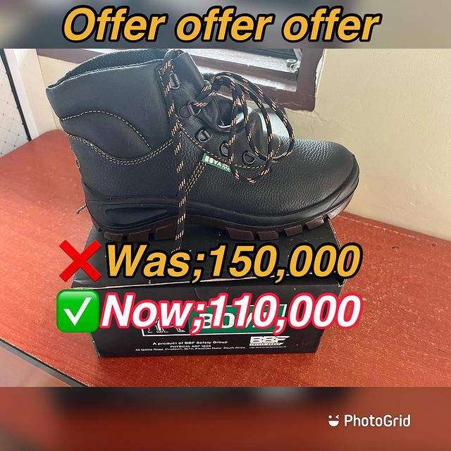 Takeer - Offer offer offer
Safety boot bova zimeshuka bei toka 150,000 mpaka 110,000 wahi mapema kabla hazijaisha 
Call/WhatsApp;Info;info.co.tz.
.
.
.
.
.
...