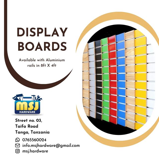 Takeer - Tunazo display boards pamoja na aluminium rails  zenye saizi ya 8ft X 4ft kwenye rangi ya NYEUPE, ORANGE, KIJANI, BLUE, NYEKUNDU, ZAMBARAU NA WOODE...