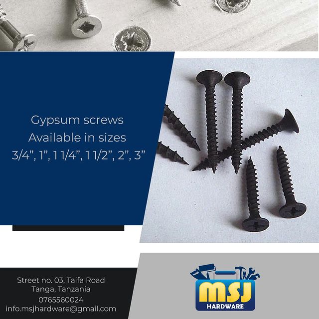 Takeer - Tunazo gypsum screws kuanzia size 3/4" mpaka 3"
Karibu MSJ HARDWARE, kwa vitu quality. 
.
.
.
.
.
.
.
.
.
                            