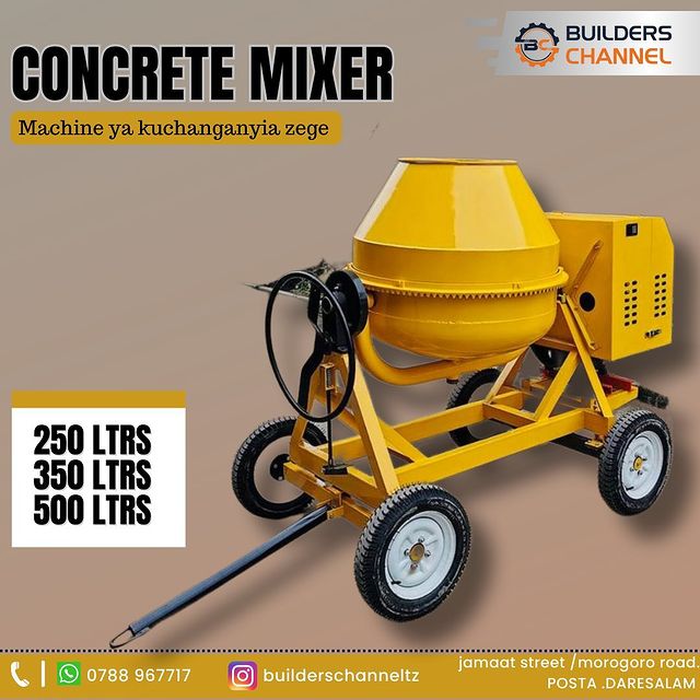 Takeer - Concrete mixer za ujazo kuanzia lita 250 mpaka 500 zipo 

▪️ lita 250 - petrol engine - 4,800,000/=
▪️ lita 350 - diesel engine - 6,500,000/=
▪️ li...