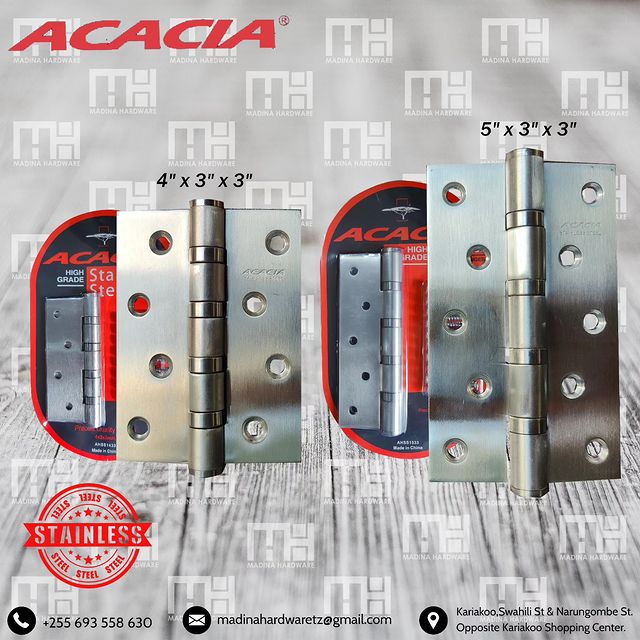 Takeer - ACACIA STAINLESS STEEL HINGES 
✅ 3"
✅ 4"
✅ 5"

Available in WHOLESALE & RETAIL

Kindly feel free to contact us regarding any other items that you w...