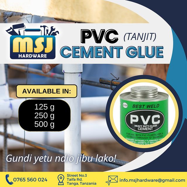 Takeer - PVC CEMENT GLUE (Tanjit)

Available in: 
•125 g
• 250g
• 500 g

Contact MSJ:
☎ 📍 Street No.3, Taifa Rd, Tanga, Tanzania

        