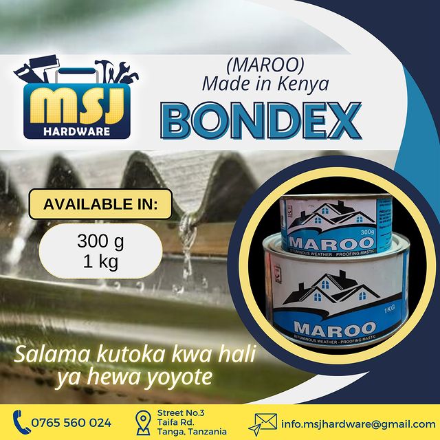 Takeer - BONDEX (Maroo Made in Keya)

Available in:
• 300 g
• 1 kg

Contact MSJ:
☎ 📍Street No.3 Taifa Rd, Tanga, Tanzania

      