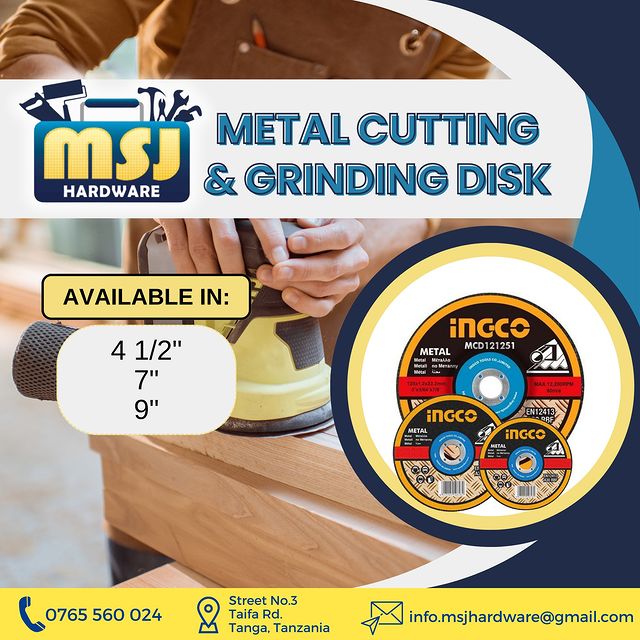 Takeer - METAL CUTTING & GRINDING DISK

Available in: 
• 4 1'2"
• 7" 
• 9"

Contact MSJ:
☎ 📍 Street No.3, Taifa Rd, Tanga, Tanzania

      