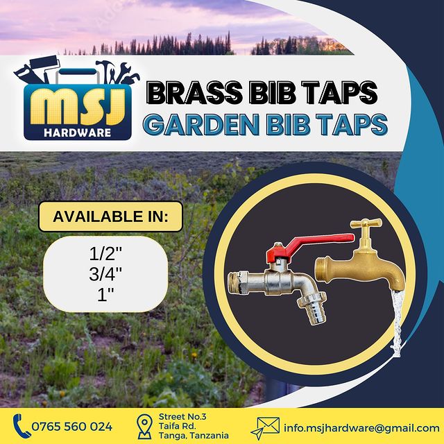 Takeer - BRASS BIB TAPS
GARDEN BIB TAPDS

Available in:
• 1/2"
• 3/4" 
• 1" 

Contact MSJ:
☎ 📍Street No. 3, Taifa Rd, Tanga, Tanzania
        