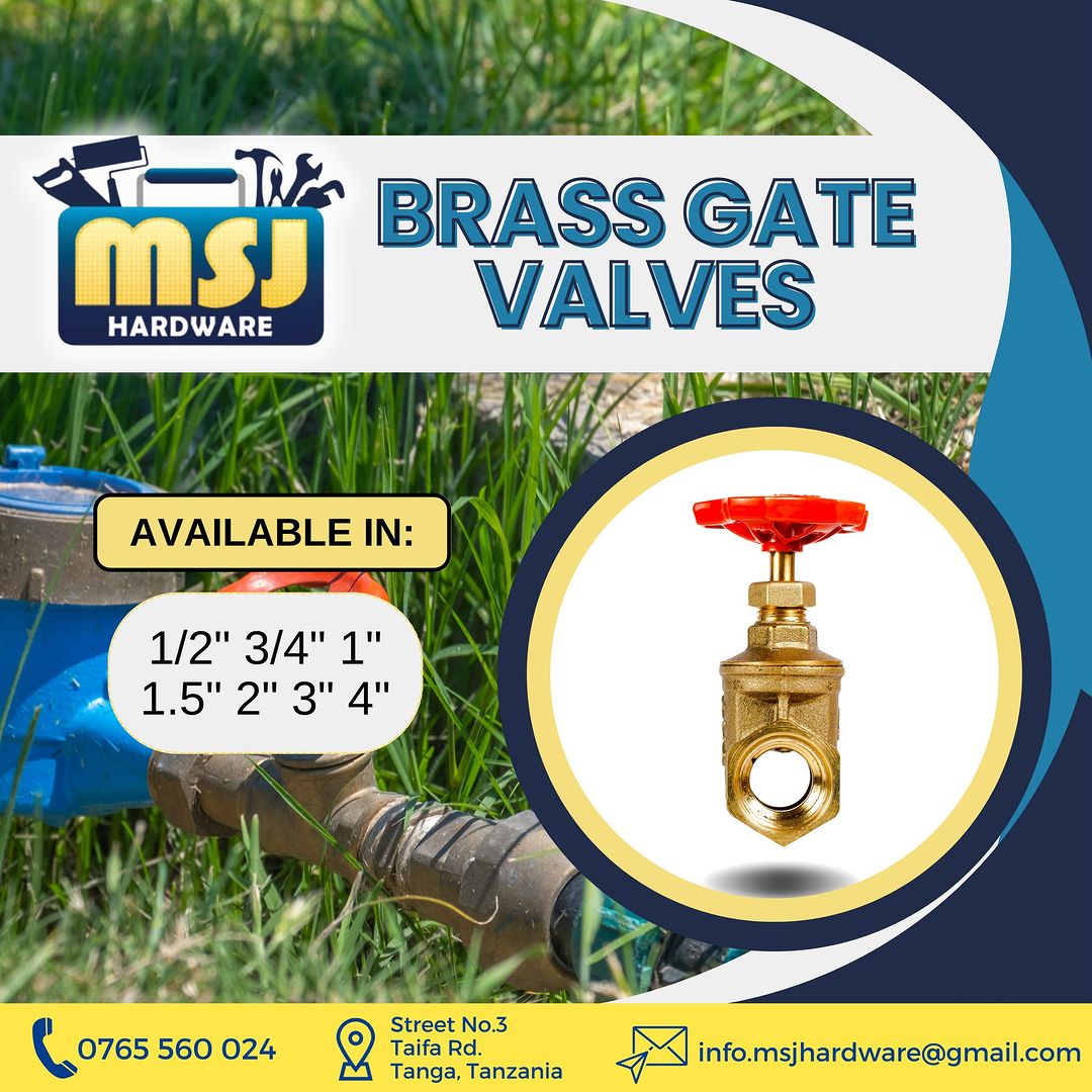 Takeer - BRASS GATE VALVES
BRASS STOP VALVES
ANGLE VALVES

Available at MSJ Hardware Tanga!

Contact MSJ:
☎ 📍Street No. 3, Taifa Rd, Tanga, Tanzania
         