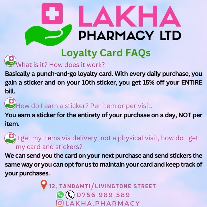 Takeer - Introducing Lakha Pharmacy Loyalty Cards. 
Visit/Call to find out more.

📍12. TANDAMTI/LIVINGSTONE STREET
📞.pharmacy