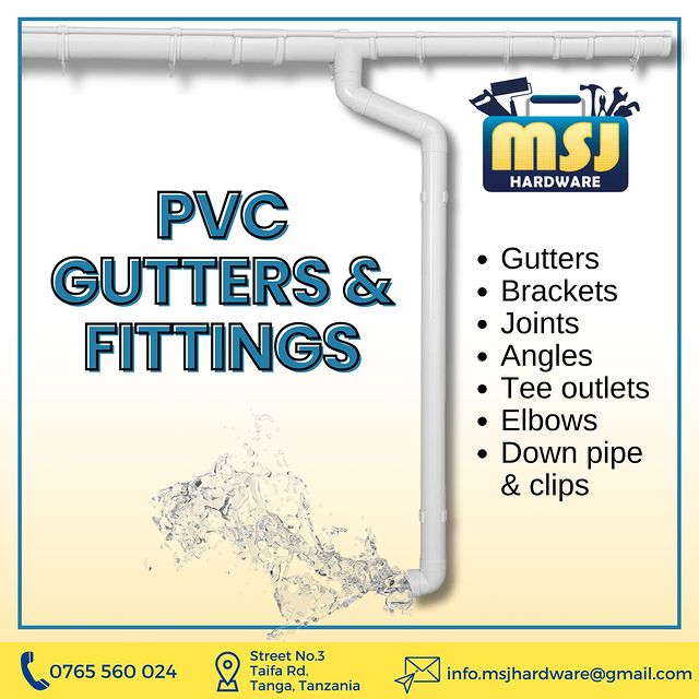 Takeer - PVC GUTTERS & FITTINGS

Contact MSJ:
☎ 📍 Street No.3, Taifa Rd, Tanga, Tanzania

           