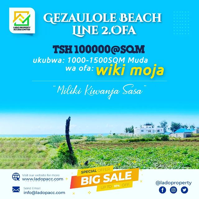 Takeer - OFA OFA OFA
Badala ya tsh 150000 sasa ni tsh 100000.

  Gezaulole beach plots line ya pili( mita 200) kutoka baharini. 

Ofa hii ni ya wiki moja.
v...