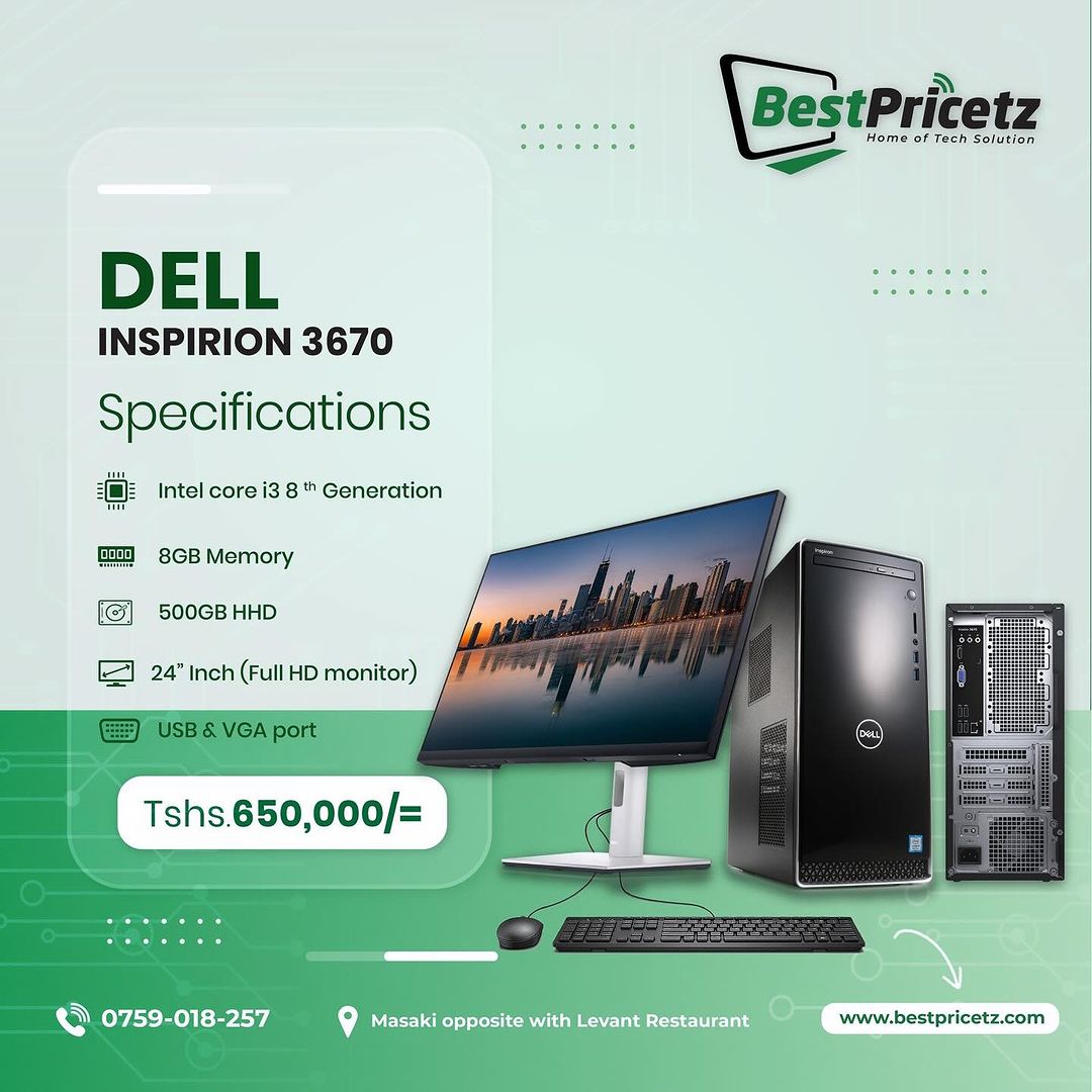 Takeer - Look at this Combo😋🔥,Dell inspiron 3670
8th Generation, Tower Cpu
Simple and Classic Design 
Intel core i3
Ram 8gb
Storage 500gb

Monitor specs:
...