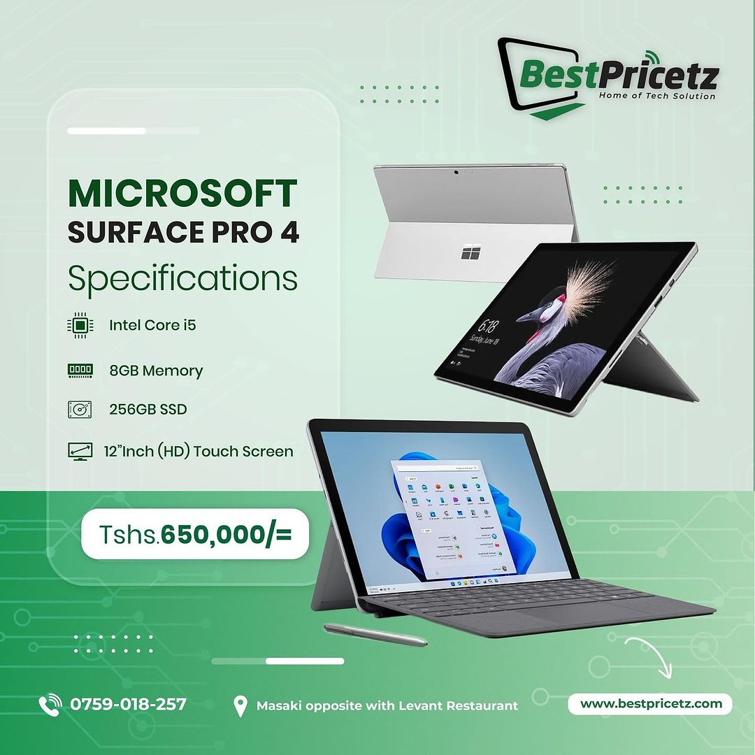 Takeer - MICROSOFT SURFACE PRO 4
Back in stock
Surface pro 4
Core i5
Ram 8gb
Storage 256gb ssd
Touch screen
Display 12 inch HD
Resolution 2160 * 1440
USB 3....