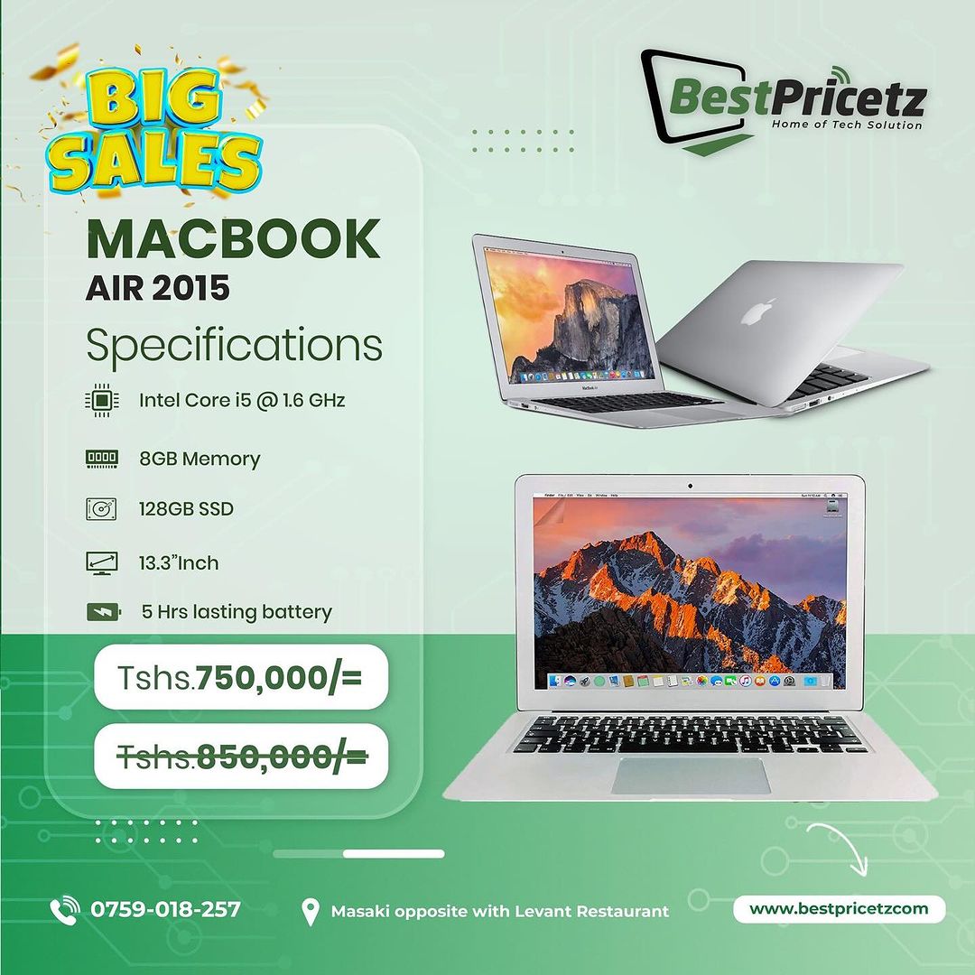 Takeer - ▪️Macbook Air 2015 
✅Very Slim, Model Year 2015)
✅Mac Os: Big Sur & Monteray
✅Core i5
✅Graphics 6000
✅Storage 128 Gb ssd 
✅Ram 8 Gb Speed
✅Tsh:750,...