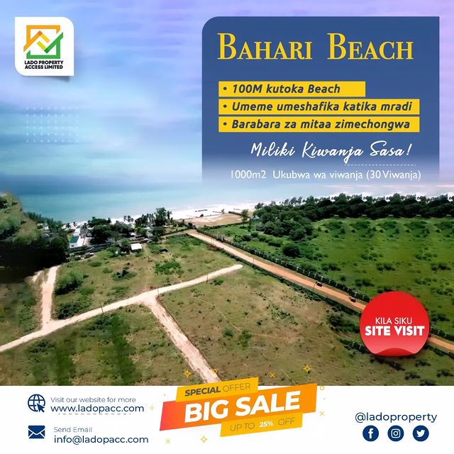 Takeer - Unakosaje hapa kiwanja BAHARI BEACH
Viwanja vipo mita 70 kutoka baharini. 

ukubwa: 1000-2000 sqm 
Bei: tsh 310,000

Tupigie au tuma ujumbe WhatsAp...