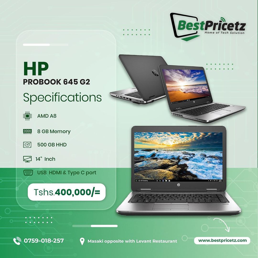 Takeer - ▪️Hp probook 645 G2
✅Processor - AMD A8
✅Ram 8GB
✅Hdd - 500GB
✅Charge - 2.49hrs
✅Display - 14”
✅WiFi
✅Bluetooth
✅All basics Program Installation
✅o...