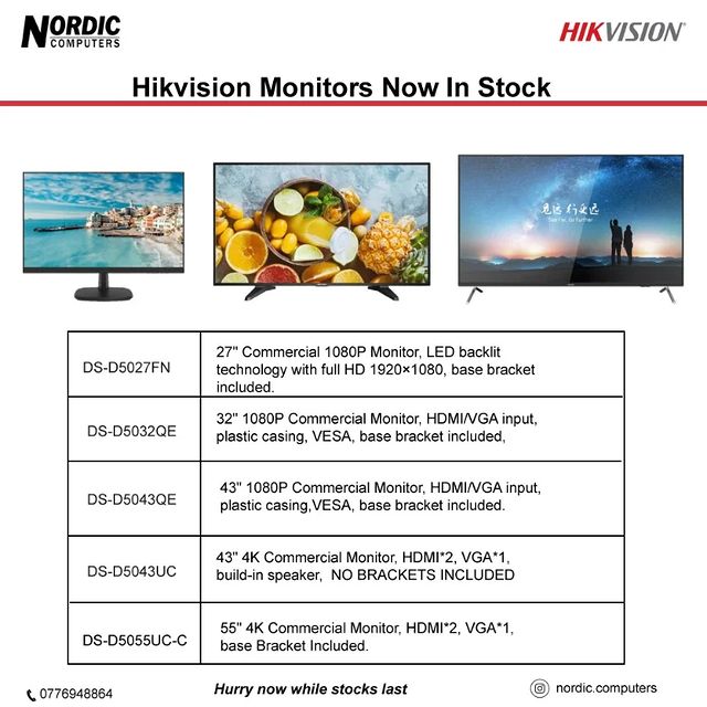 Takeer - We now have Hikvision monitors  in stock.

For more info contact Us:

Located at Mikocheni, 
Plot No 161, Regent Estate, 
Off Migombani Road .
Dar ...