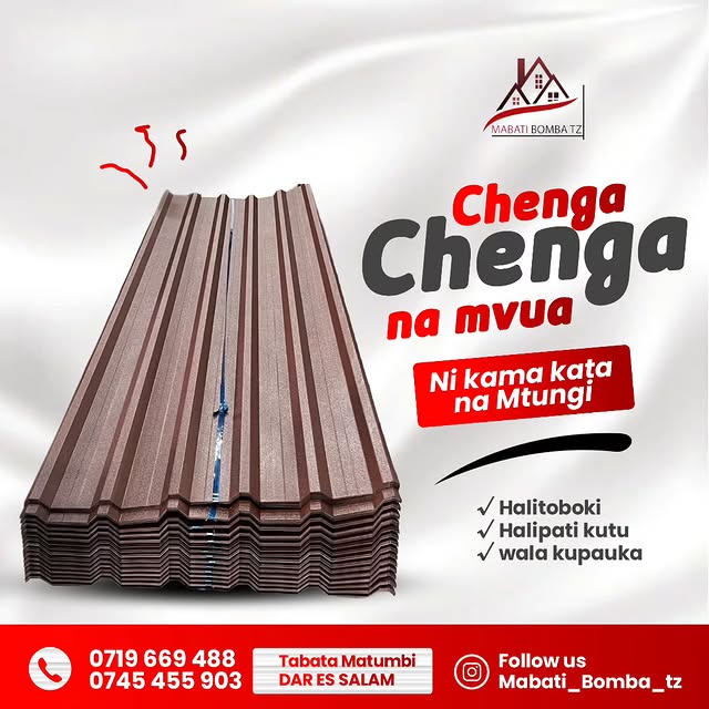 Takeer - KWENYE BATI LA CHENGA CHENGA MVUA HAIFUI DAFU
JIPATIE LEO KIWANDANI KWA BEI POA KWA RANGI MBALI MBALI
     
