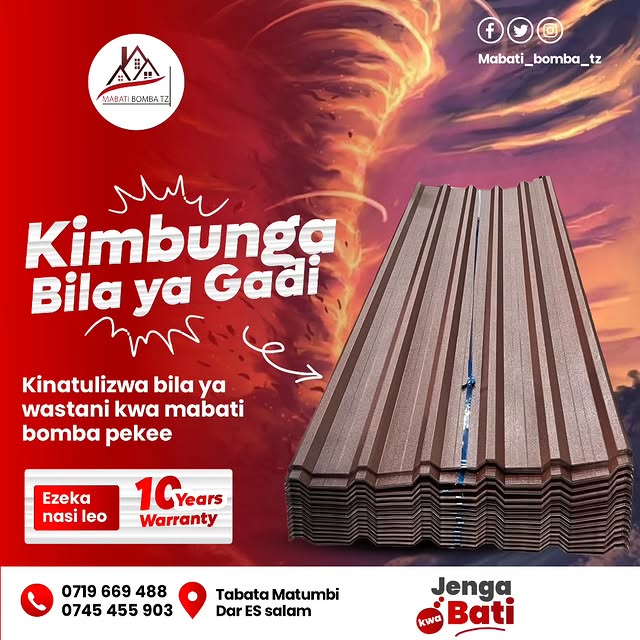Takeer - HAYA NDIO MABATI PEKEE YANAYOWEZA KUZUIA KIMBUNGA 
WEKA ODA YAKO KUPATA MABATI BORA ZAIDI
      