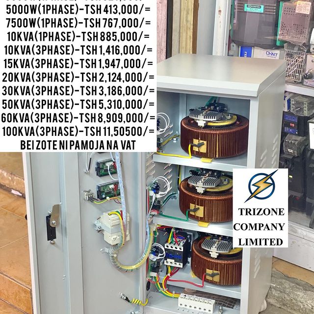 Takeer - STABILIZER SIZE ZOTE ZIPO

SIZE NA BEI;
2000W(1PHASE)-TSH 265,000/=
3000W(1PHASE)-TSH 324,000/=
5000W(1PHASE)-TSH 413,000/=
7500W(1PHASE)-TSH 767,0...