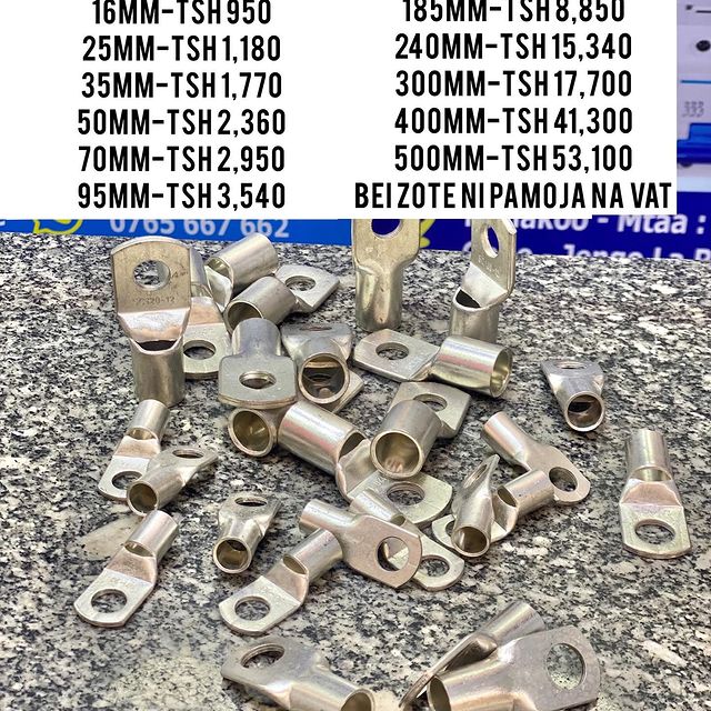 Takeer - CABLE LUGS SIZE ZOTE ZIPO
NI MZITO, PURE COPPER

SIZE NA BEI;
10MM-TSH 600
16MM-TSH 950
25MM-TSH 1,100
35MM-TSH 1,700
50MM-TSH  2,300
70MM-TSH 2,95...