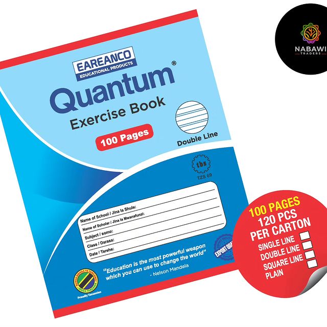 Takeer - QUANTUM - Exercise Book 100Pages (Double Line)
Zinakaa Pc 120 kwa Carton

*𝐖𝐡𝐨𝐥𝐞𝐬𝐚𝐥𝐞 𝐎𝐧𝐥𝐲| 𝐉𝐮𝐦𝐥𝐚 𝐓𝐮

📍 Tunapatikana City Centr...