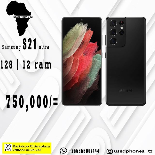 Takeer - Samsung s21 ultra 5g 
750,000/-
128| 12 ram

I year warrant 
Clean condition ( hazina ata mchubuko)

Tupo kariakoo jengo la china plaza 
Floor ya p...