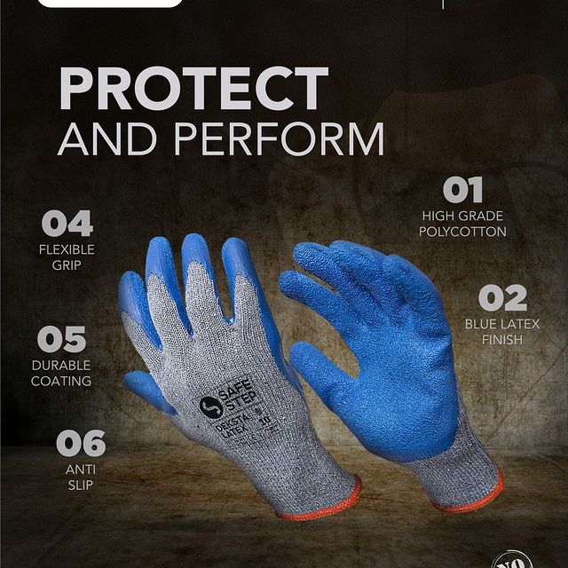 Takeer - The Deksta Latex Safety Gloves by Safe Step are crafted with high-grade polycotton and a blue latex finish, these gloves offer flexible grip, durab...