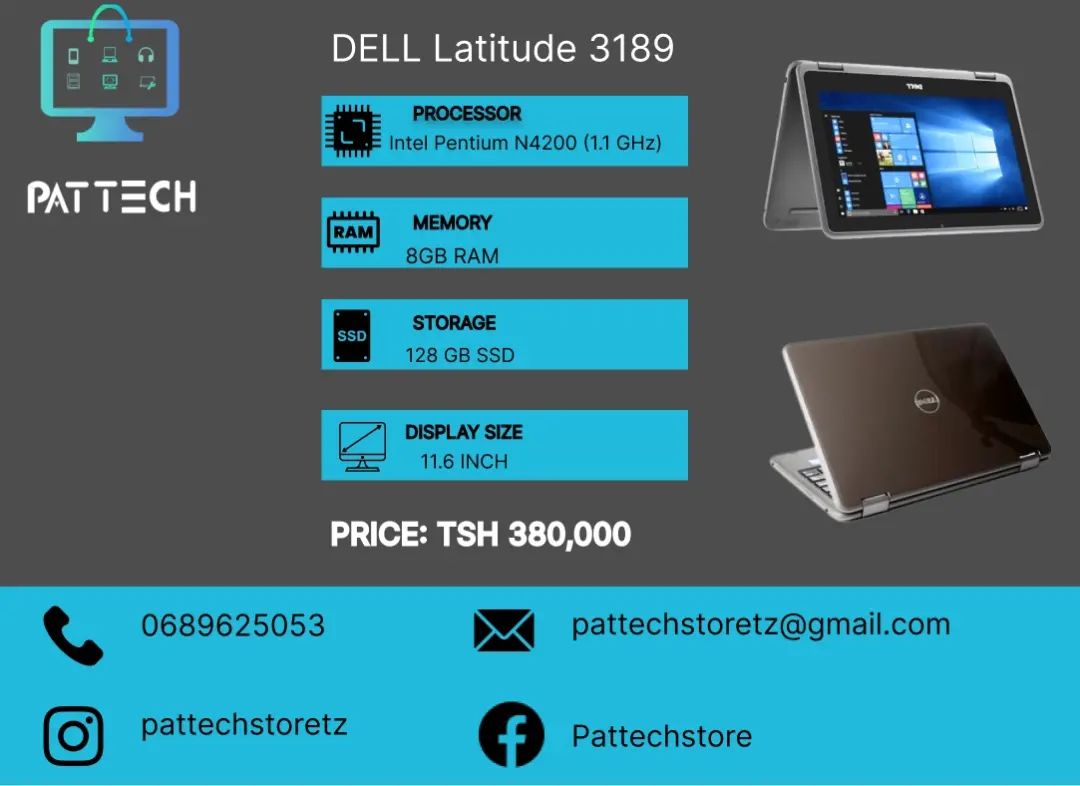 Takeer - Dell latitude 3189
Processor: Intel Pentium N4200
Memory: 8GB RAM
Storage: 128 ssd
Display: 11.6 inch
Os: Windows 10 pro

Program
Ms office 2021
Vl...