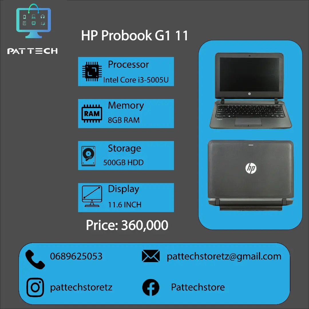 Takeer - Hp Probook G1 11 
Processor: Intel core i3-5005U
Memory: 8GB RAM
Storage: 500GB HDD
Display: 11.6 inch
Os: Window 11

Programs 
Ms Office 2021
Vlc ...