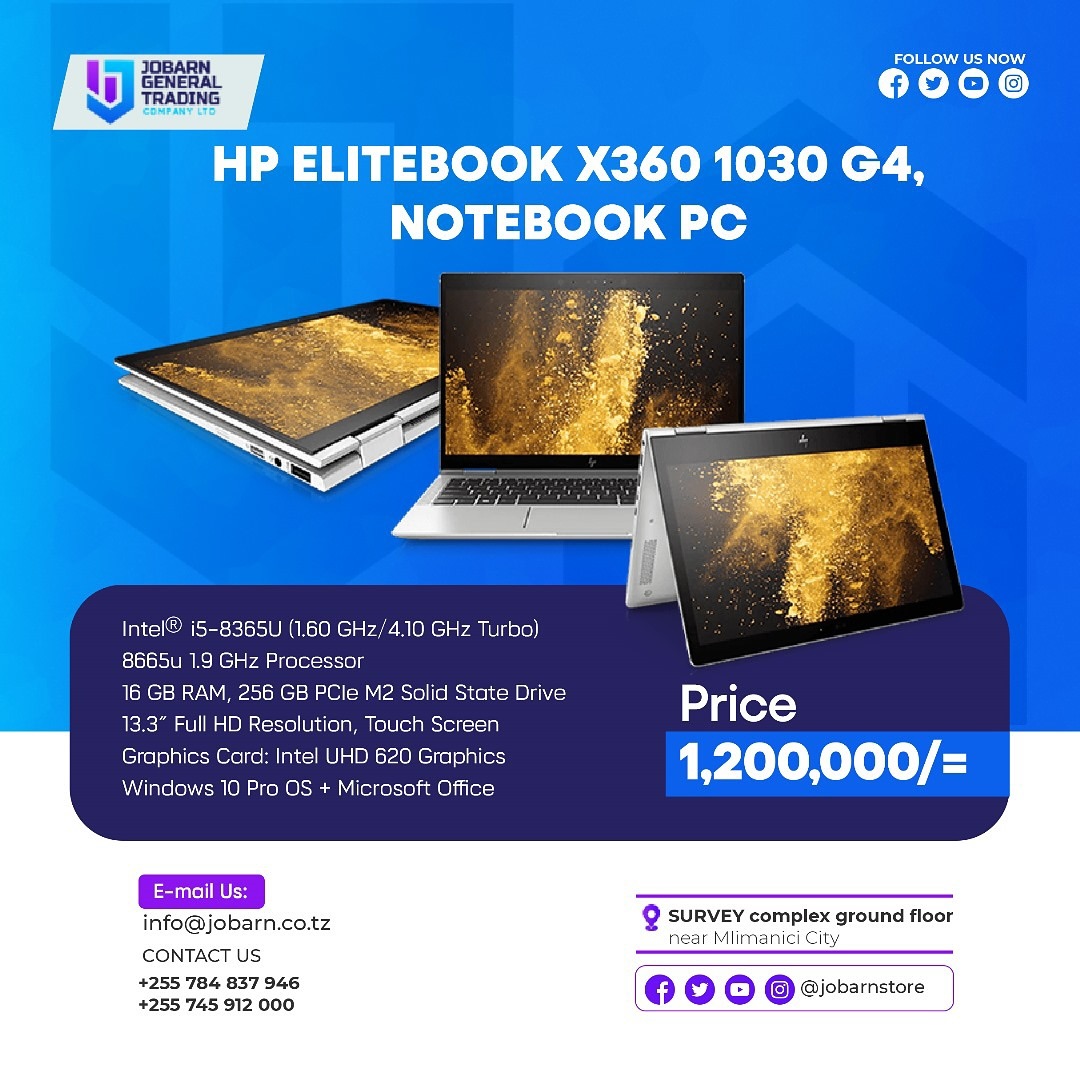 Takeer - HP Elitebook 1030 G4 Notebook PC
Ram 8GB
Ssd 256GB
14Inches,Touch screen
Window 10Pro.
Available!

Tunapatikana Mlimani city,Survey complex
☎️Call/...