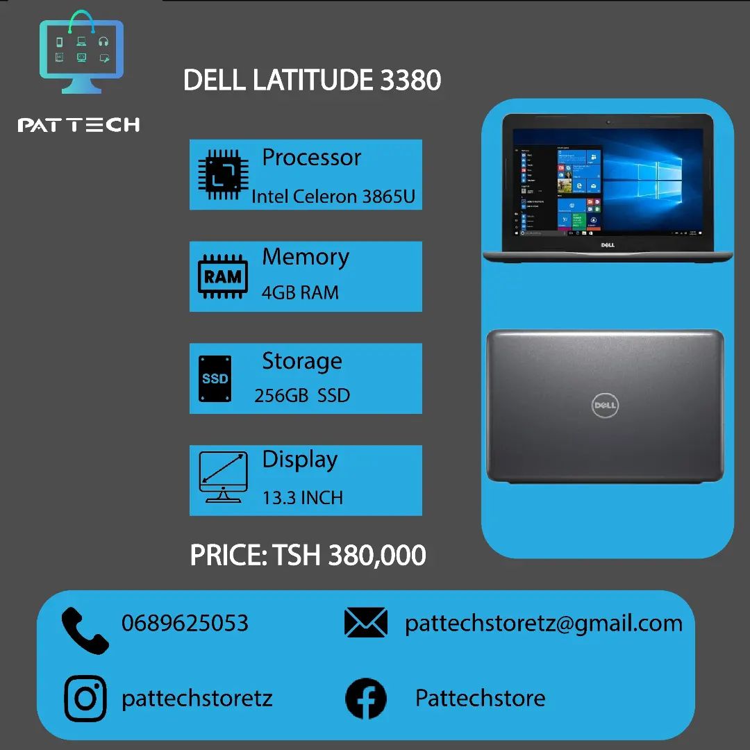 Takeer - Dell Latitude 3380

Processor: Intel Celeron 3865U
Memory: 4GB RAM
Storage: 256GB SSD
Display: 13.3 inch
Os: Window 10
Touch screen laptop 

Progra...