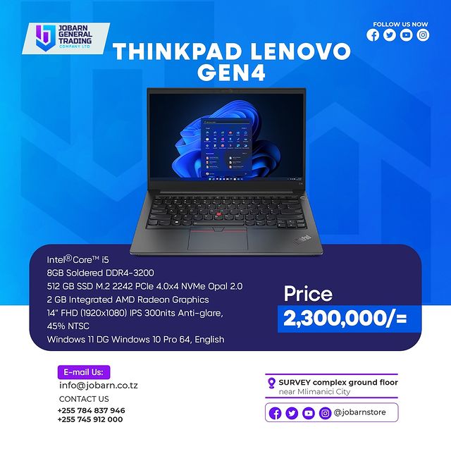 Takeer - Lenovo ThinkPad E14 Gen4
Intel Corei5
8GB Ram
512GB SSD
2GB Intergrated AMD Radeon Graphics
14Inches FHD (1920x1080)
Windows 11Pro

Price :2,300,00...