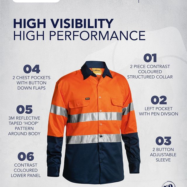 Takeer - The Bisley HI-VIS safety wear is designed for visibility and convenience, featuring reflective tape hoop pattern, chest pockets with button-down fl...