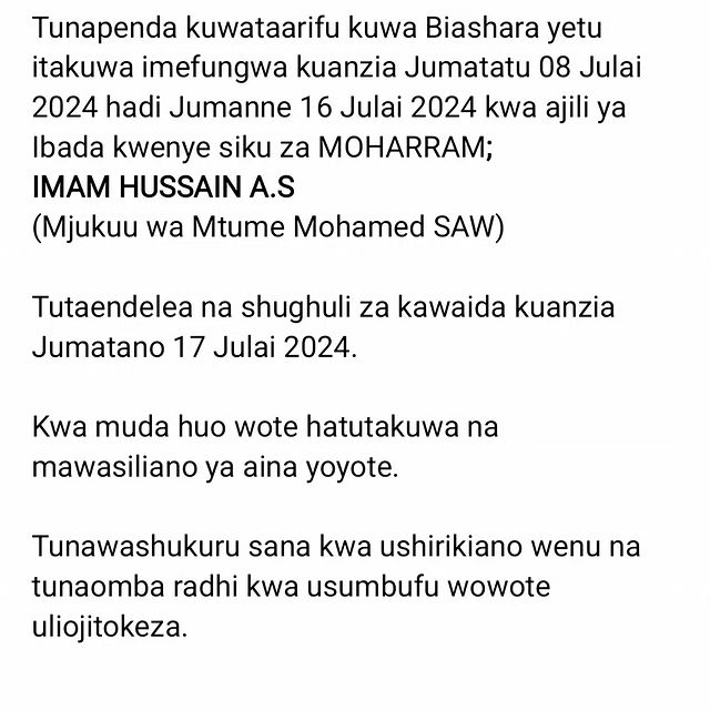 Takeer - Wapendwa Wateja, 

Tunapenda kuwataarifu kuwa Biashara yetu itakuwa imefungwa kuanzia Jumatatu 08 Julai 2024 hadi Jumanne 16 Julai 2024 kwa ajili y...