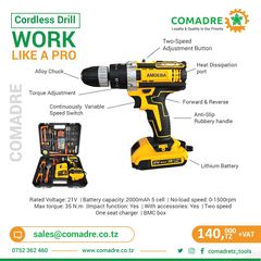 Takeer - 🛠️ Elevate Your Toolkit with COMADRE!🛠️

✅️ Brushed Cordless Drill: 21V, 2.0Ah battery, max torque 35 N.m - 140,000 TZS + VAT
✅️ Brushless Cordle...