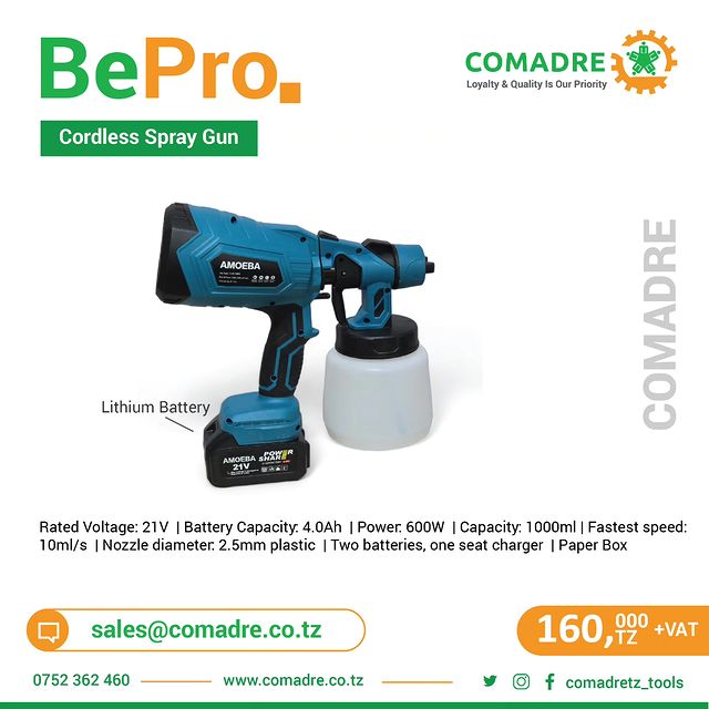 Takeer - Cordless Spray Gun now available in stock...

Price: Tsh. 160,000/= 

Order now 
For more info regarding others follow us     

              