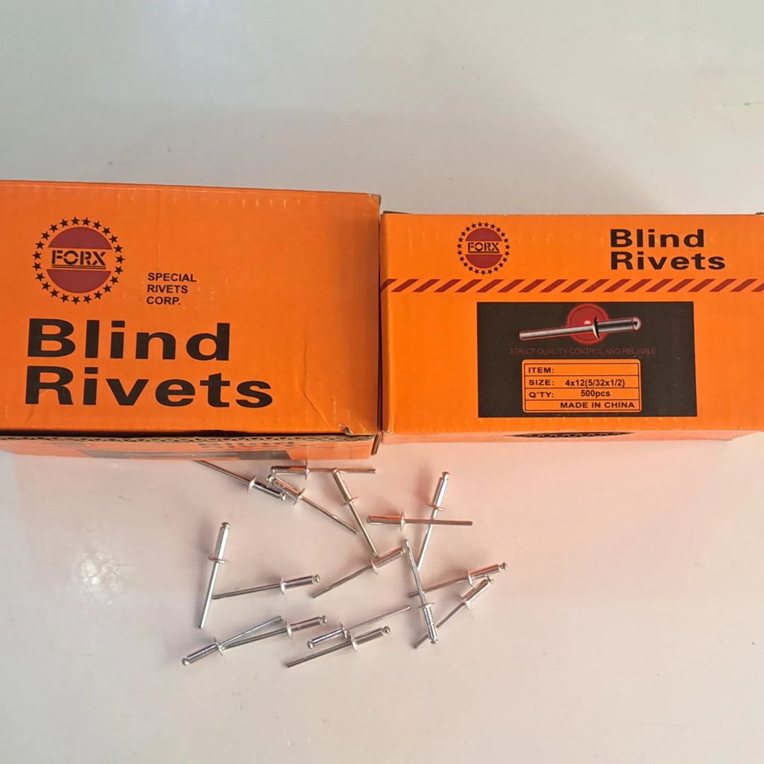 Takeer - POP RIVETS AVAILABLE 

SIZES WE HAVE 

4 x 12 500PCS IN THE BOX THERE ARE 20BOXES IN THE CTN.

4 X 16 500PCS IN THE BOX THERE ARE 20BOXES IN THE CT...