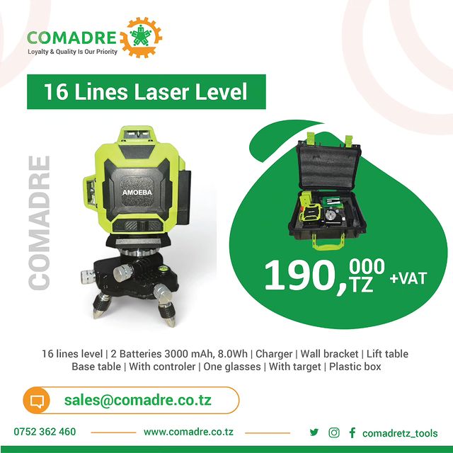 Takeer - Professional 4D laser level 16 line super strong green light can be attached to the wall.

16 Line Laser - Price Tsh. 190,000/=

Order now: ÷
For m...