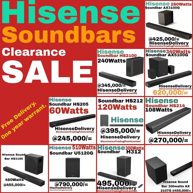 Takeer - Hisense Soundbar on CLEARANCE SALE!
1year warrant.
Free delivery (Usafiri Bure) in Tanzania. Call/WhatsApp or kwa mawasiliano zaidi