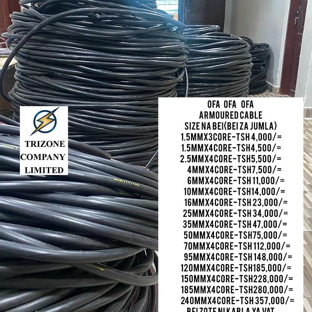 Takeer - OFA  OFA  OFA 
ARMOURED CABLE SIZE ZOTE ZINAPATIKANA KWA BEI NAFUU, BEI YA JUMLA, KARIBUNI UJIPATIE CABLE ZILIZO NA UBORA.

MAWASILIANO;
SIMU NAMBA...