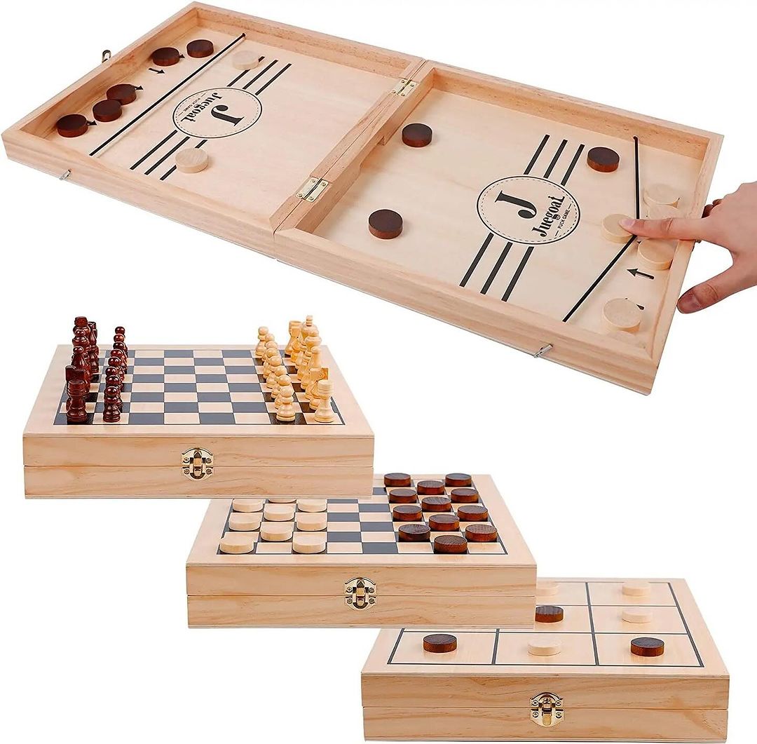 Takeer - Multifunction 4-in-1 Wooden Board Game Set for Kids and Adults, Chess, Checkers, Tic Tac Toe, Sling Puck Game