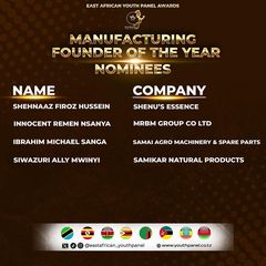 Takeer - EAST AFRICAN YOUTH PANEL AWARDS 2024⭐️✨🌍.

Nominees for Manufacturing founder of the year 2024 - 2025.

 - Zanzibar
 - Dar es salaam
 - Dar es sal...