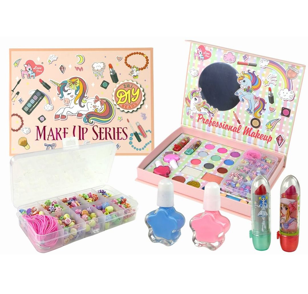 Takeer - Girls 2 in 1 Children Real Washable Makeup Kit with DIY Beads Set - Outer box size 23*17cm
Price 33,000tshs