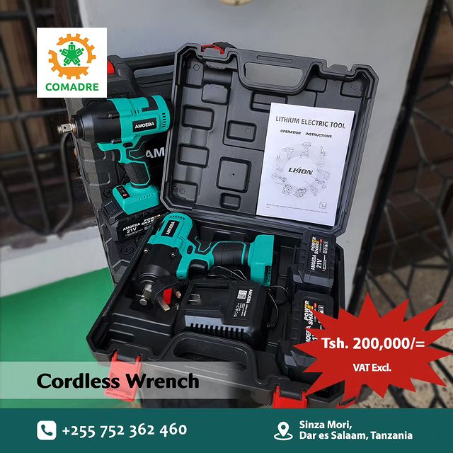 Takeer - Cordless Wrench yenye nguvu zaidi.

Voltage: 21V 4.0Ah 
Ni-load speed 0-3000r/min
Max Torque : 600N.m

Bei Tzs. 200,000/=

Mikoani tunatuma kwa Gha...