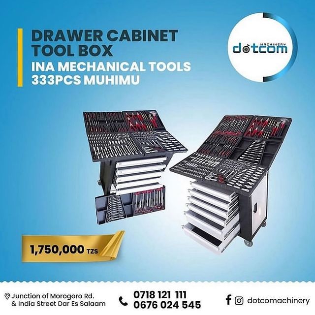 Takeer - DRAWER CABINET TOOL BOX 

Hii ni tool box ya mechanical yenye tools zote muhimu 333pcs. Hii tool box ni nzuri sana kwawatu wenye garage maana inaji...