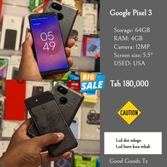 Takeer - Google Pixel 3(SOLD✅✅)
Tsh 180,000
⬛64GB/4GB/12MP/5.5"/SINGLE SIM
⬛MTUMBA TOKA USA.
🟥INA LCD DOT NDOGO NA LCD BURN (WEKUNDU) KWA MBALI.
⬜SIMU INAF...