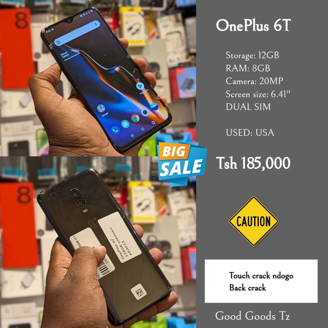 Takeer - OnePlus 6T
Tsh 185,000
⬛128GB/8GB/20MP/6.41"/DUAL SIM
⬛MTUMBA TOKA USA.
🟥TOUCH CRACK. TOUCH INAFANYA KAZI VZURI.
🟥BACK CRACK.
⬜SIMU INAFANYA KAZI...